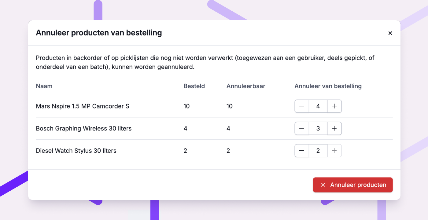 Simpel producten annuleren van bestelling