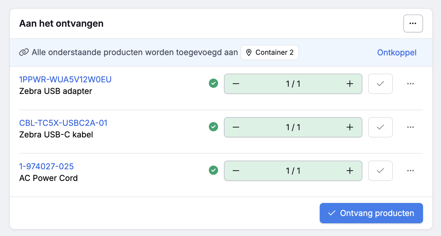 Ontvangsten aan het ontvangen producten