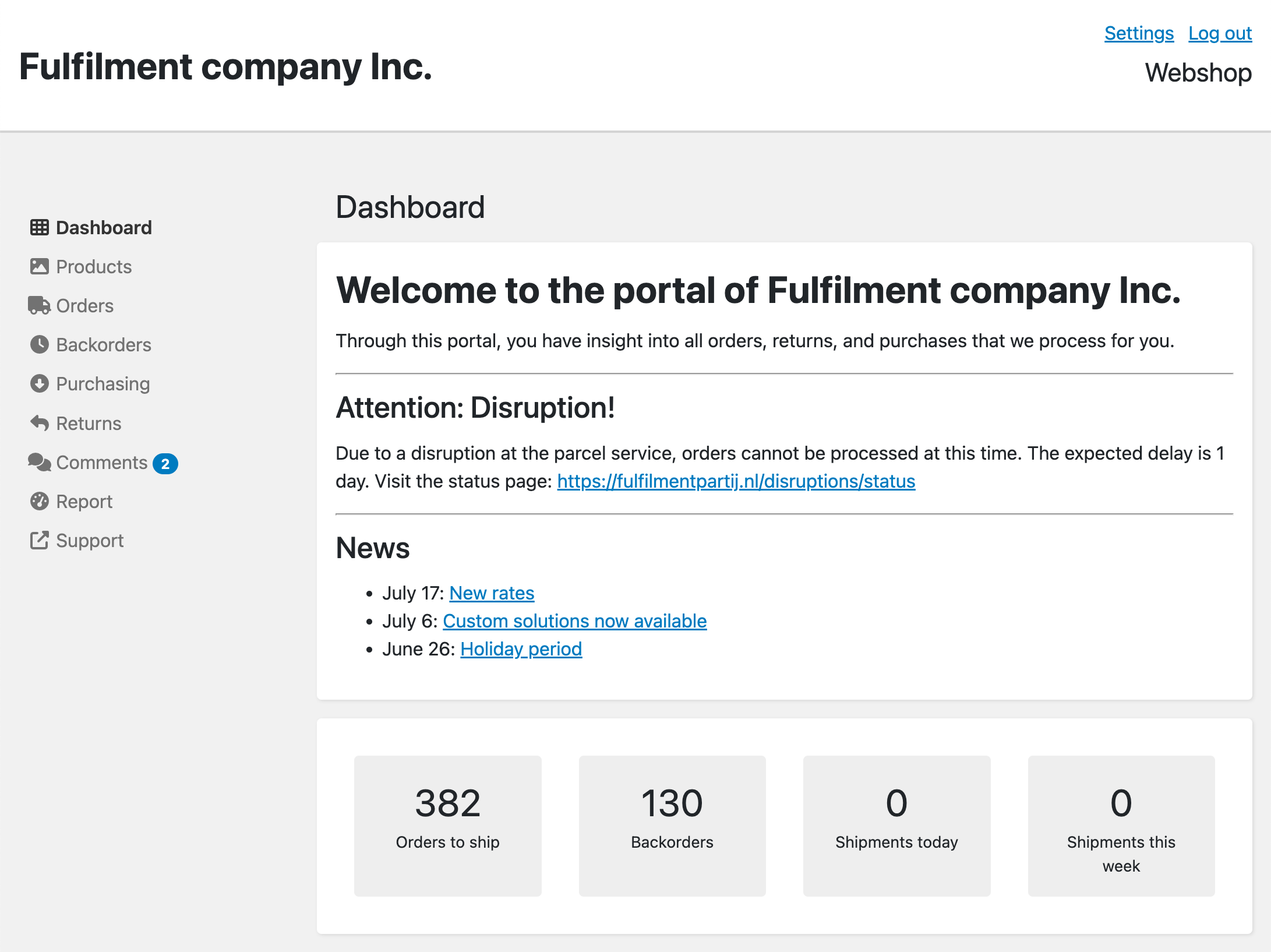 Dashboard text in fulfilment portal