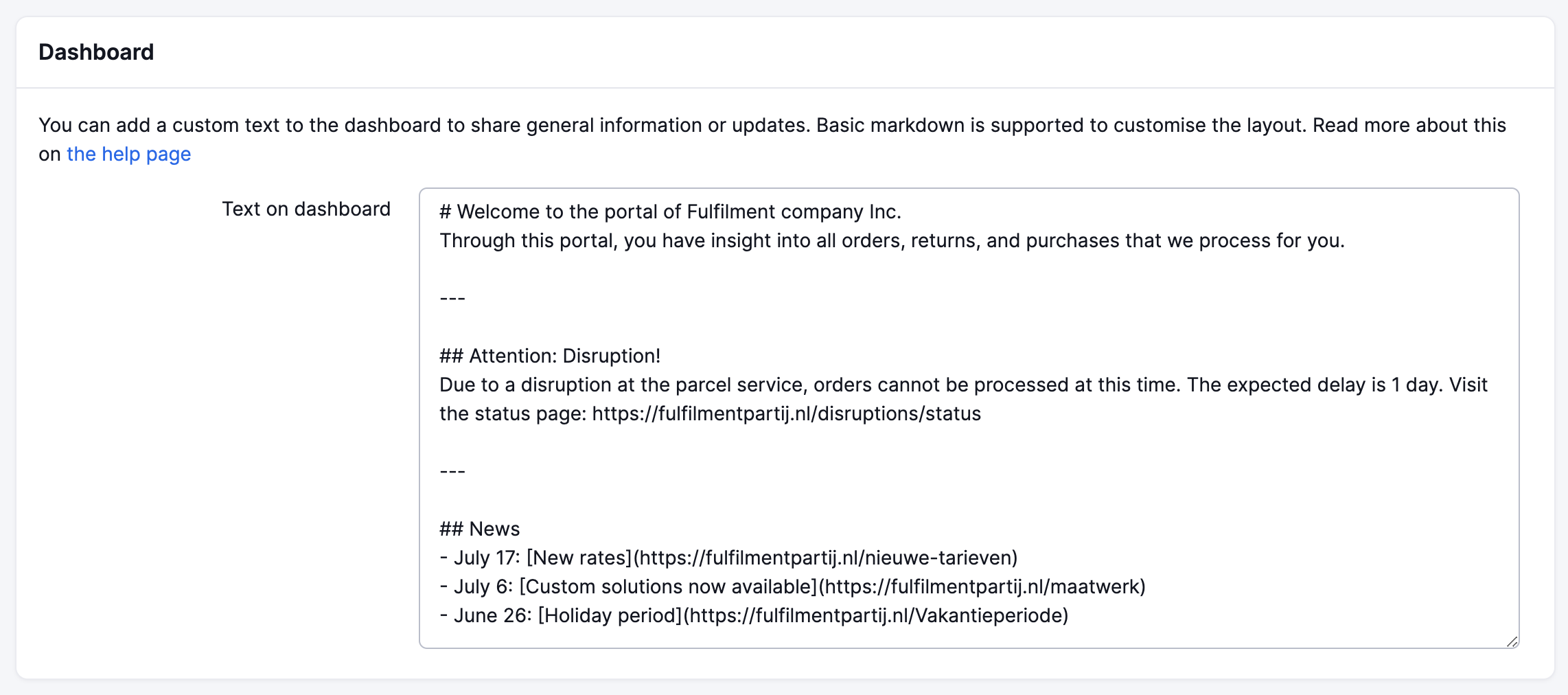 Dashboard text in markdown