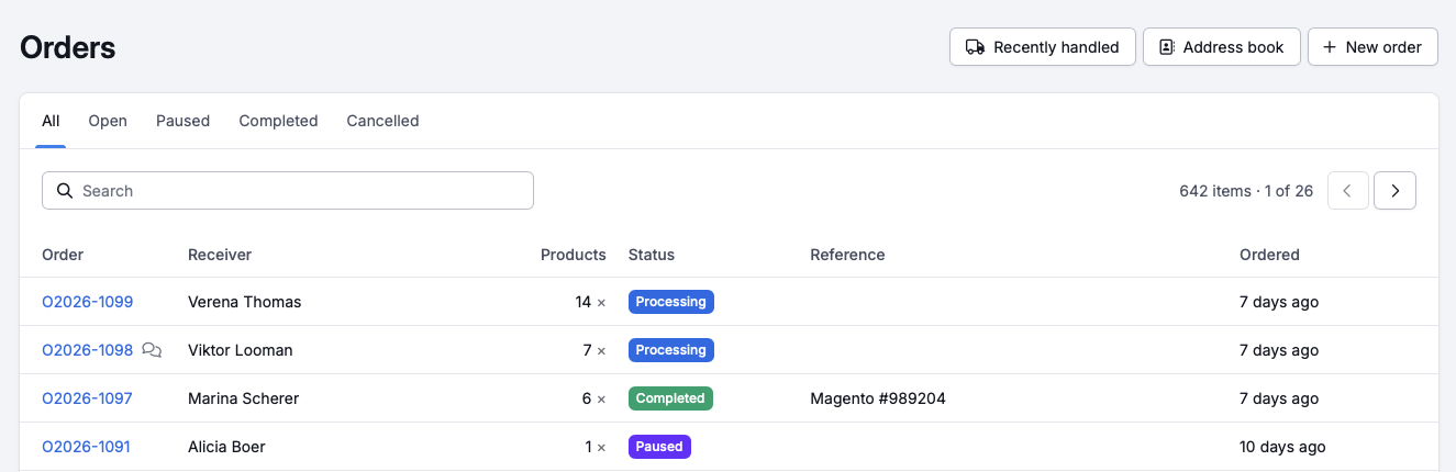 Order details in the fulfilment portal