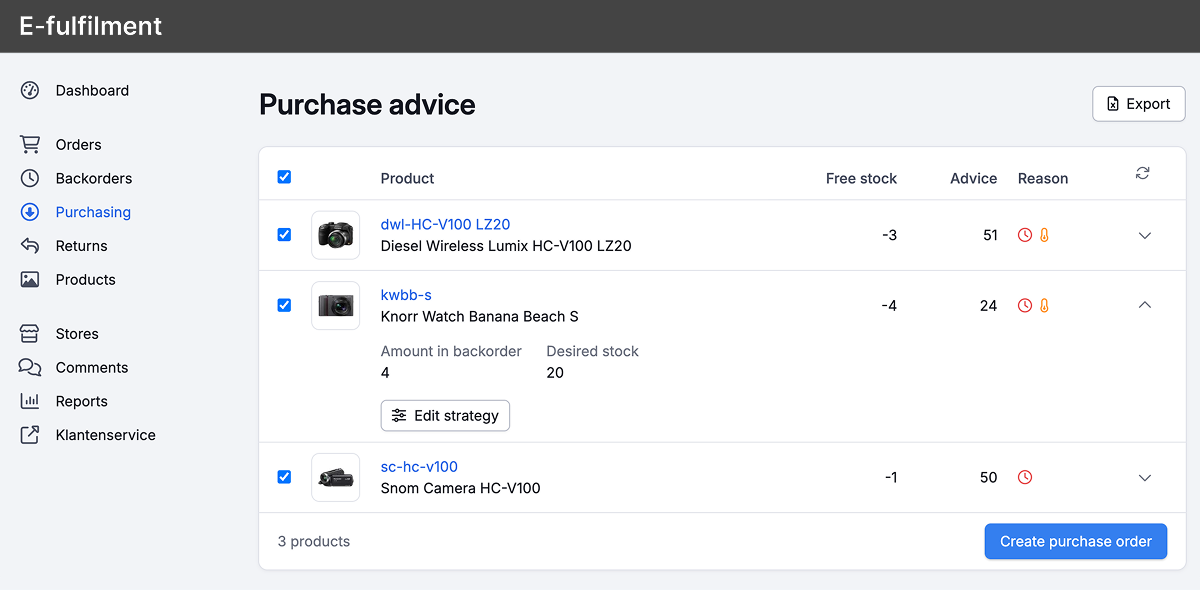 Purchase advice in the fulfilment portal