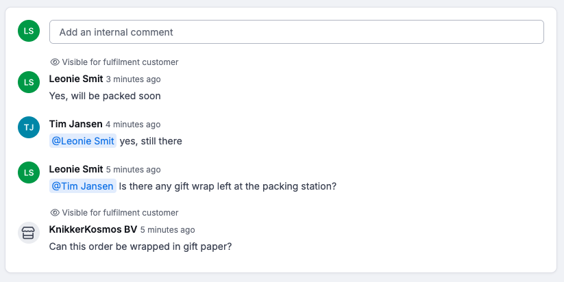 Fulfilment comment from fulfilment party