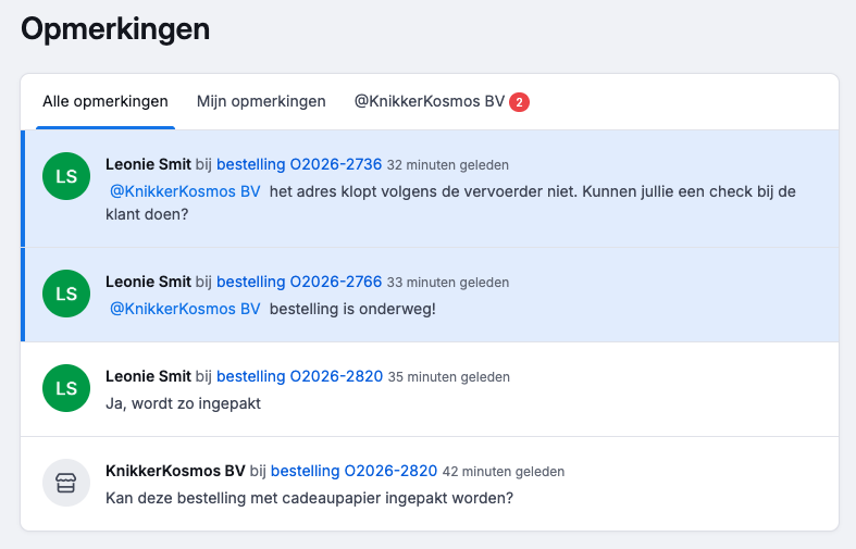 Fulfilment opmerkingen overzicht