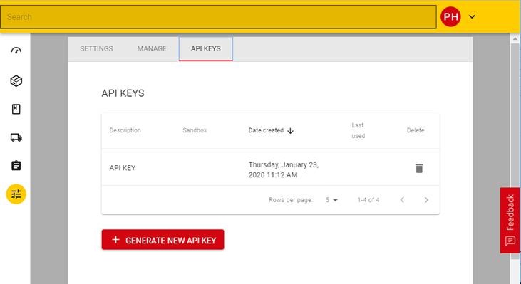 DHL Parcel overzicht API Keys
