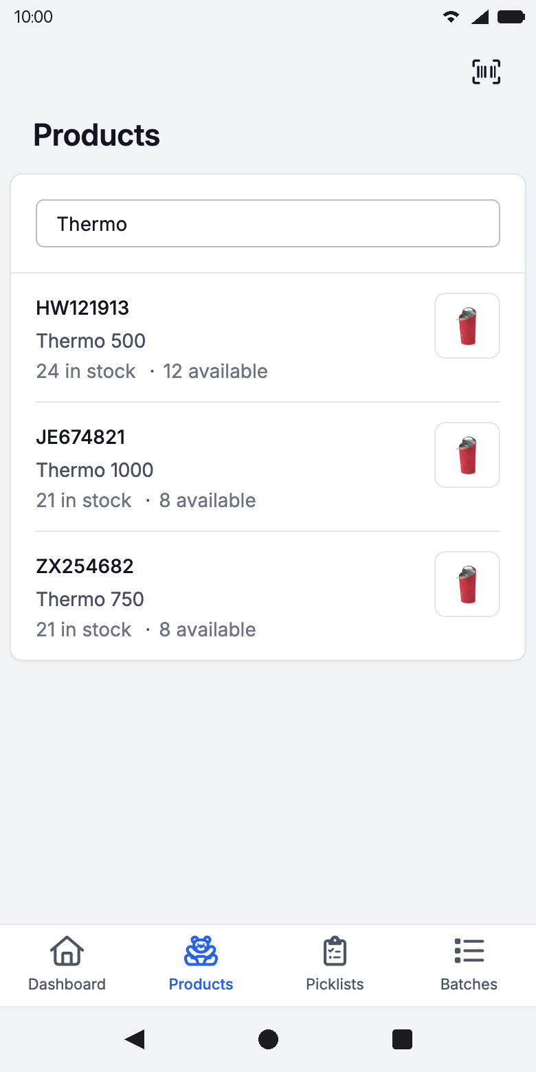 Barcode icon at the top right of the products overview - Picqer app