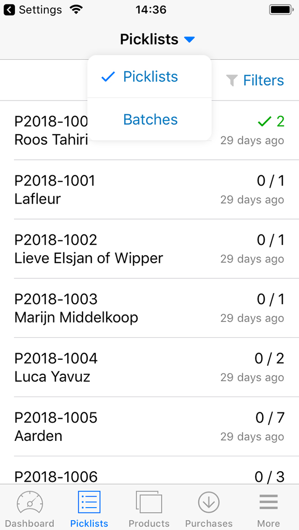 Picqer Mobile Batches selecteren in menu