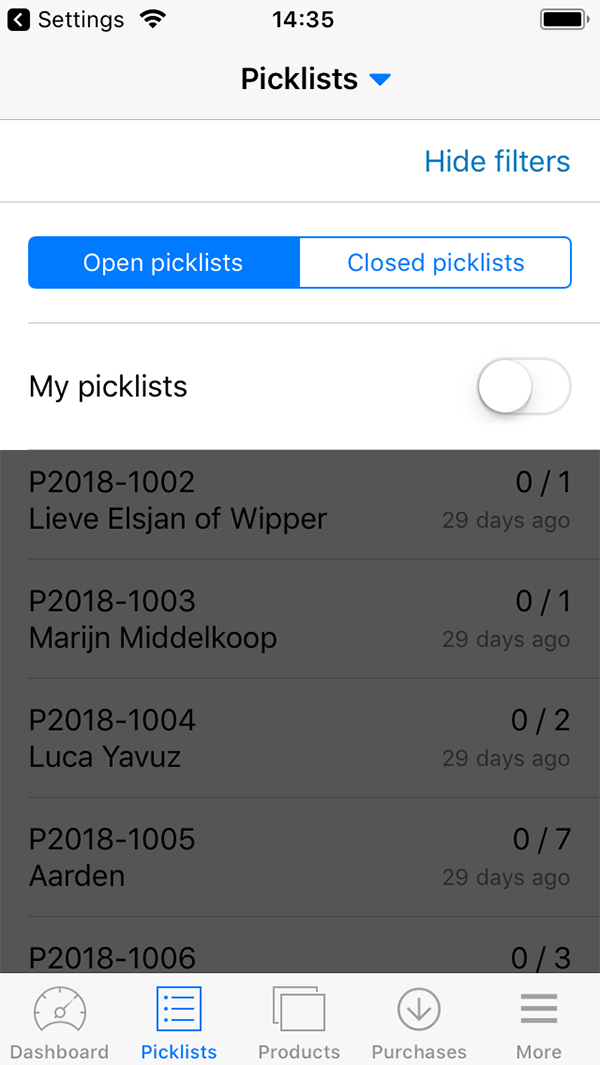 Picqer Mobile Picklijsten filters
