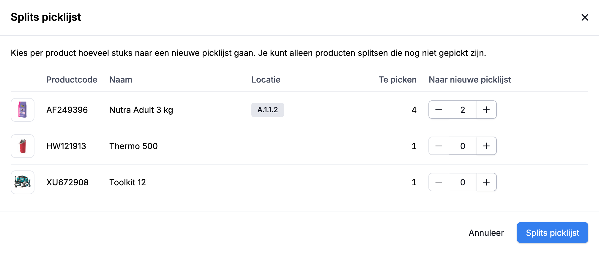 Picklijst splitsen in Picqer