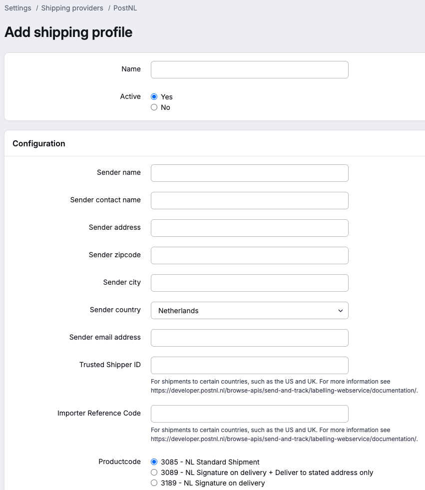 Creating PostNL shipping profile