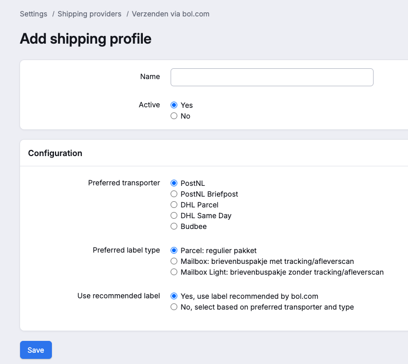 Create Shipping via Bol Profile